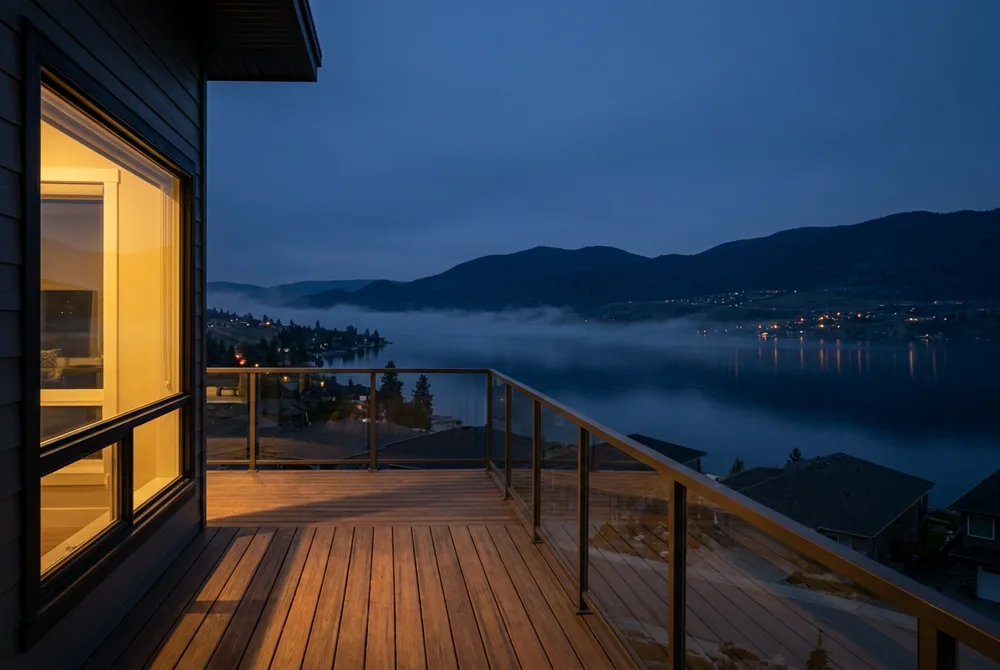 View over Okanagan Lake from a home deck at dusk