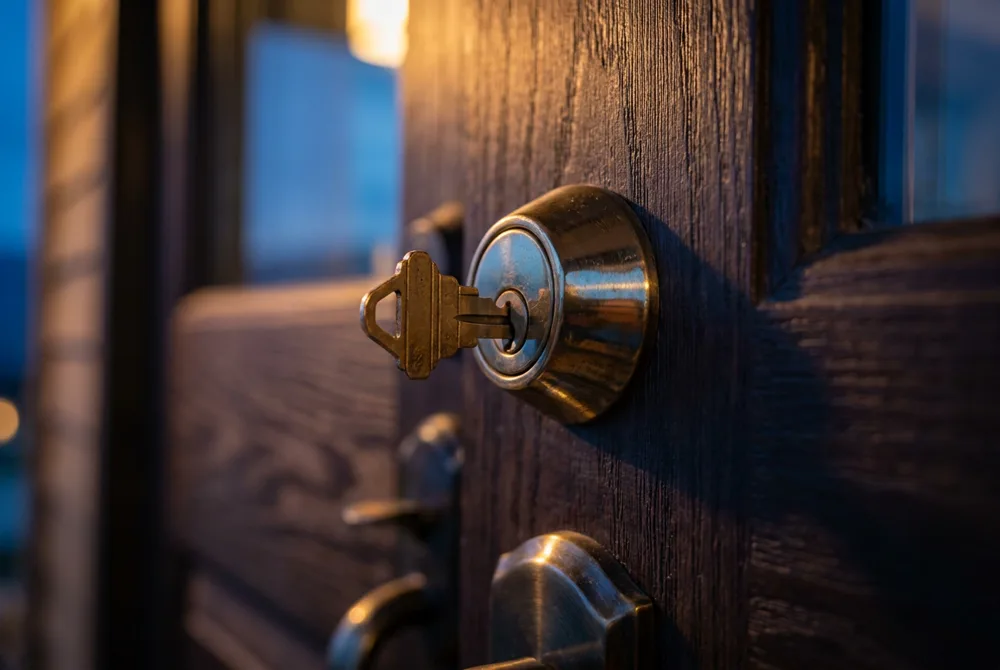 A house key in a front-door deadbolt at dusk