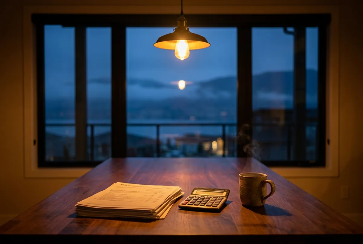 A kitchen table at night with tax documents, a calculator and a coffee