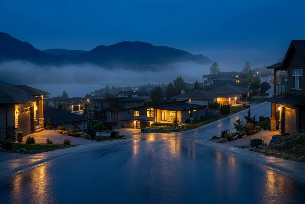A quiet street winding uphill between homes at dusk