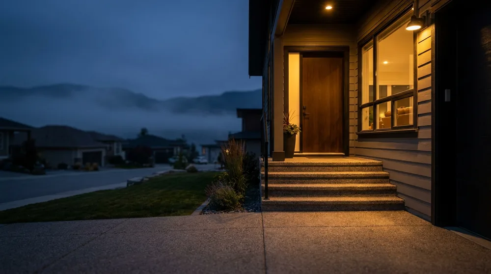 Lit front porch steps at dusk